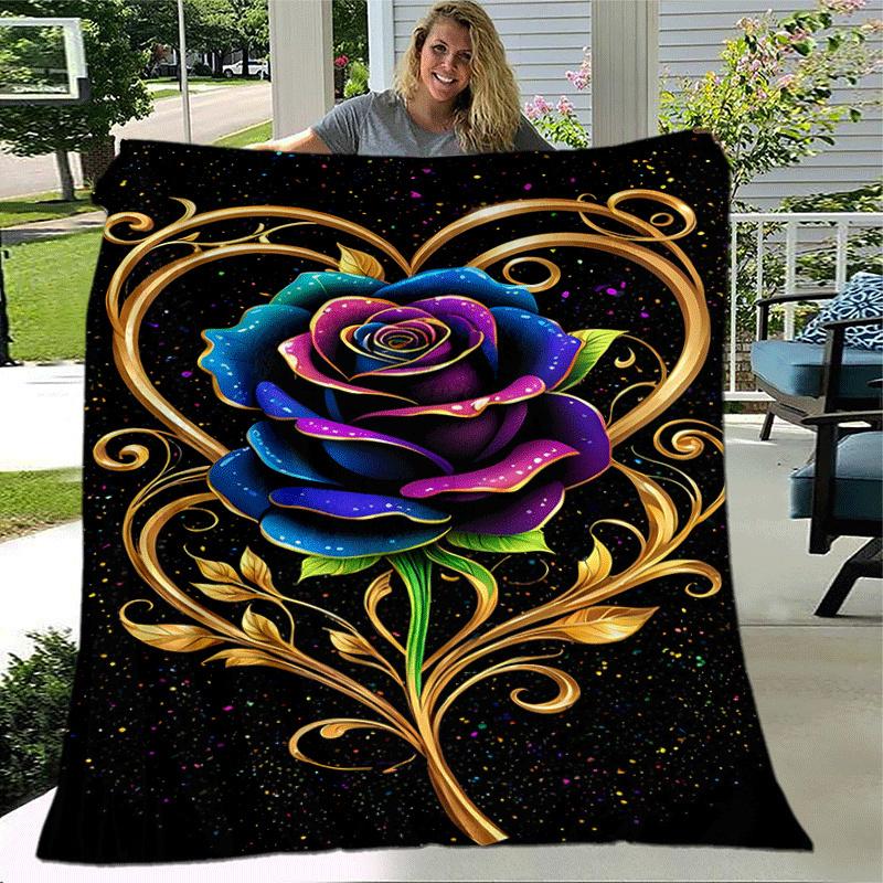 1pc Rose Printing Lightweight Flannel Blanket, Comfortable and Warm Blanket, for Camping Sofa Bed and Couch Office, Suitable for Gift Blanket