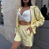 Womens Casual 2-Piece Set Long Sleeve Zip-Up Hooded Sweatshirt With Drawstring Shorts Pure Color Streetwear