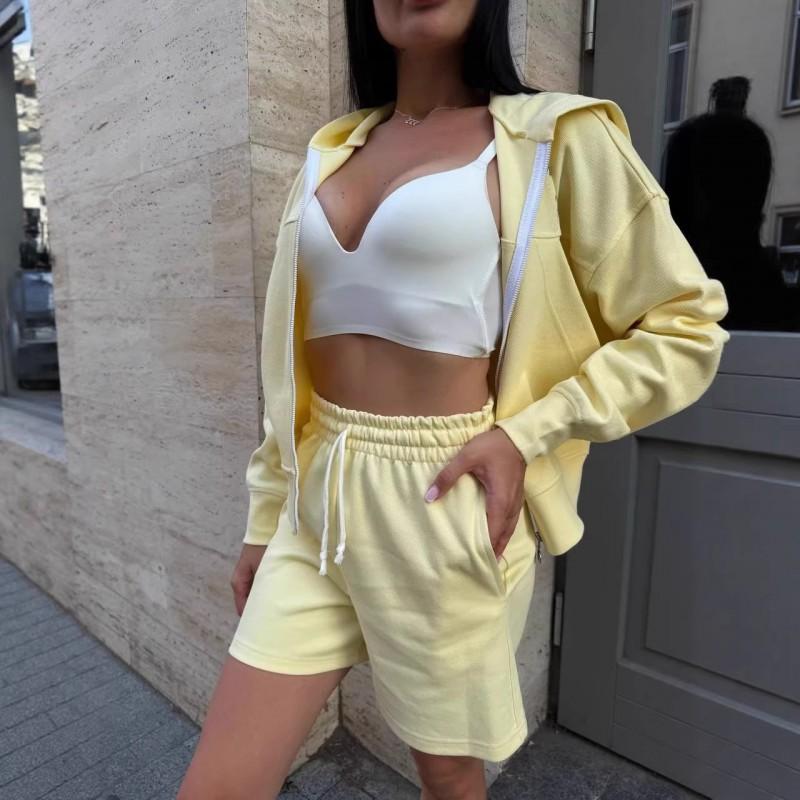 Womens Casual 2-Piece Set Long Sleeve Zip-Up Hooded Sweatshirt With Drawstring Shorts Pure Color Streetwear