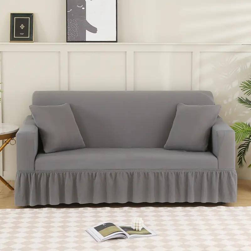 Solid Color Elastic Sofa Cover With Skirt Home Decor Non-slip Slipcover Furniture Couch Protector Cover