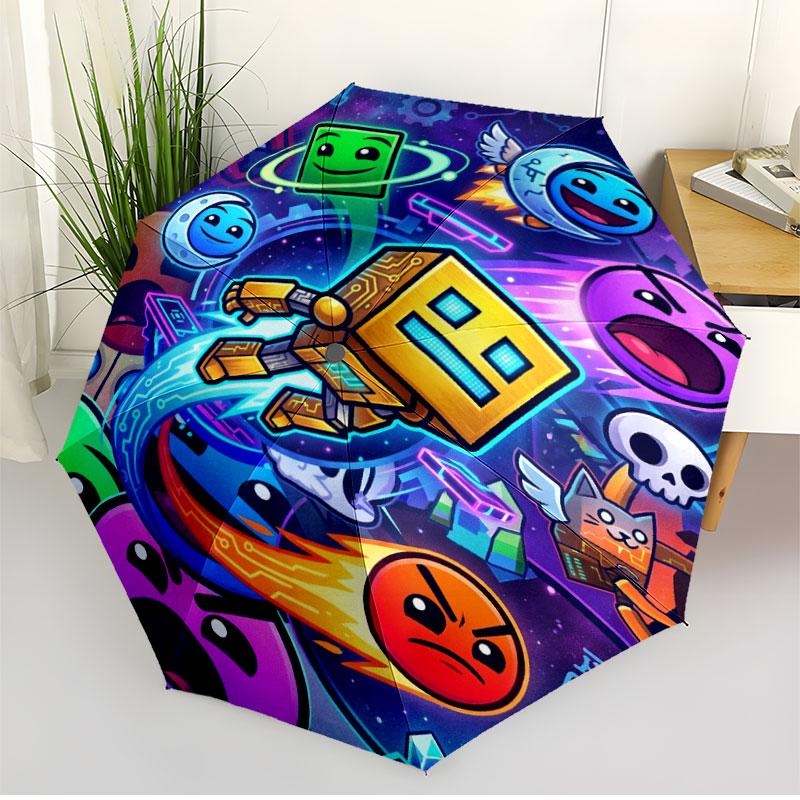 Geometry Dash Print Automatisk Åben Lukke Paraply, Bærbar Foldbar Paraply, til Udendørs Pendling Campingtur, Ideel Fødselsdagsgave