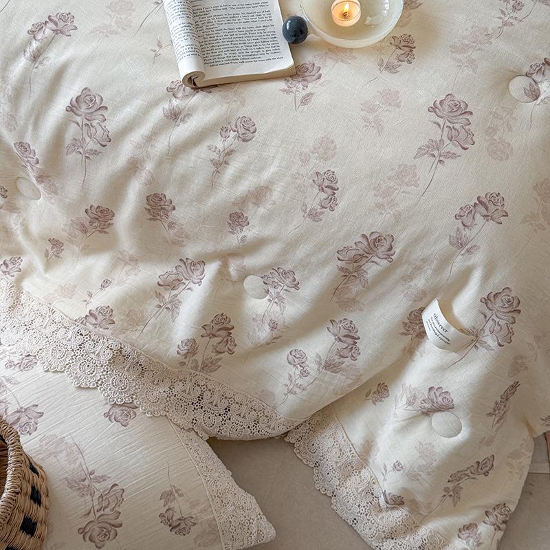 Summer Retro Cotton Linen Lace Design Thin Quilt - Machine Washable Air Conditioning Blanket