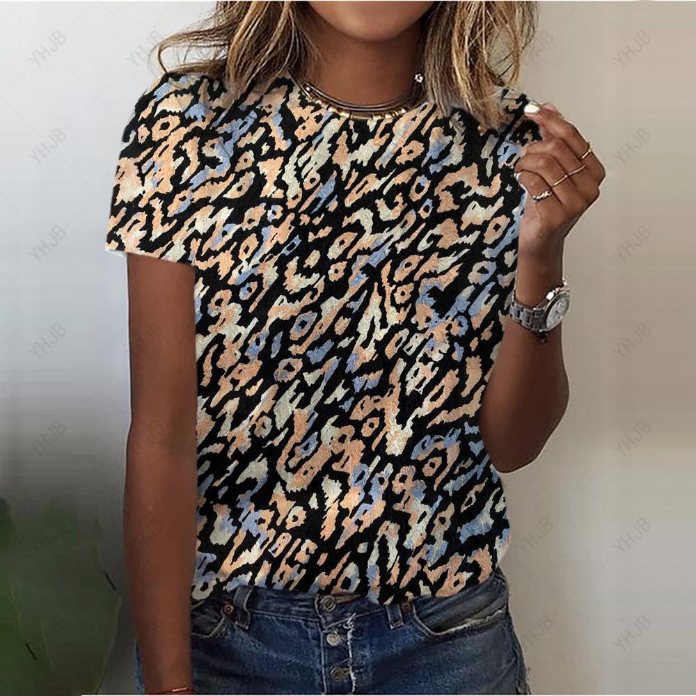 Sexy T-shirt for Women, Fashionable Leopard Print Casual Shorts, Girls Sleeve T-shirt, Beautiful Street T-shirts, Round Neck T-shirt for Women