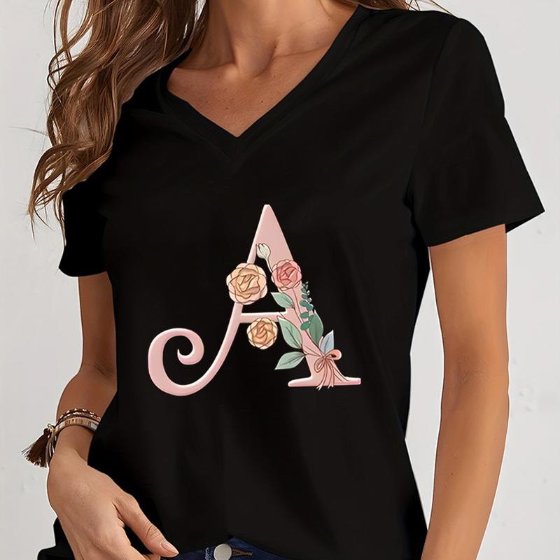 Cartoon Alphabet Flower Graphic Tee Womens Clothing Pink Flower Alphabet Gift Tshirt FeUnisex Vintage 26 Initials Flower Tshirt