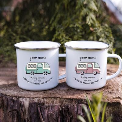 Campervan Enamel Coffee Mugs Couple Travel Name Custom Cups His and Hers Retro Caravan Personalised Camper Van Gifts Present