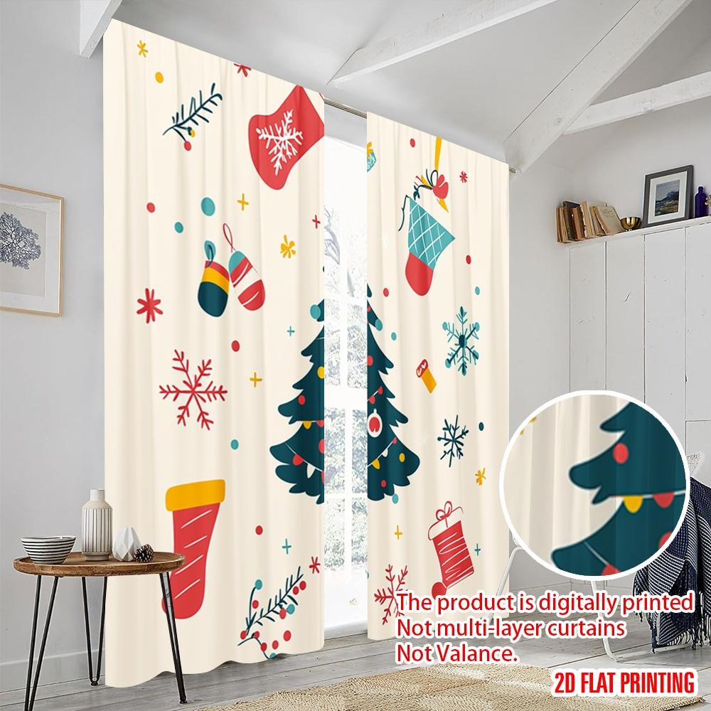 2pcs,2D Plane Printing Light Filtering Curtains Christmas Tree Snowflakes Gifts Versatile 100% Polyester (without Rod) Home