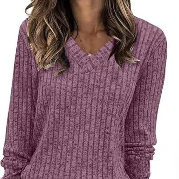 Women's V-Neck Long Sleeve Shirts, Casual Fall Tops Lightweight Tunic Sweaters, Ribbed Brushed Knit T-Shirt Top, Perfect for Everyday Wear or Layering