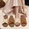 Sandalen mit flacher Sohle Damen 2024 neu Sommer Retro Ethno Fee Wind Wind Strand Draußen Hausschuhe