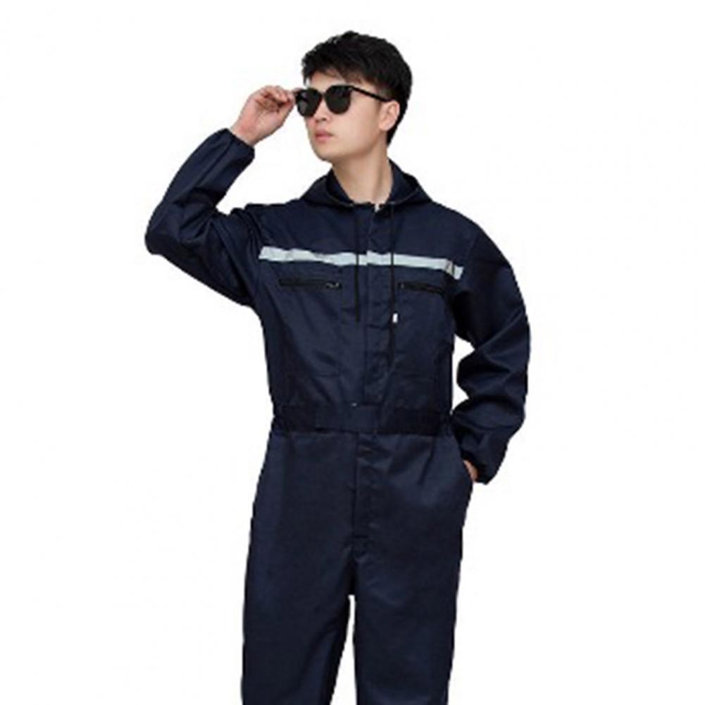 Unisex Work Overalls Hooded Drawstring Wear-resistant Reflective Zipper Work Clothes Loose Pockets Safety Worker Coveralls
