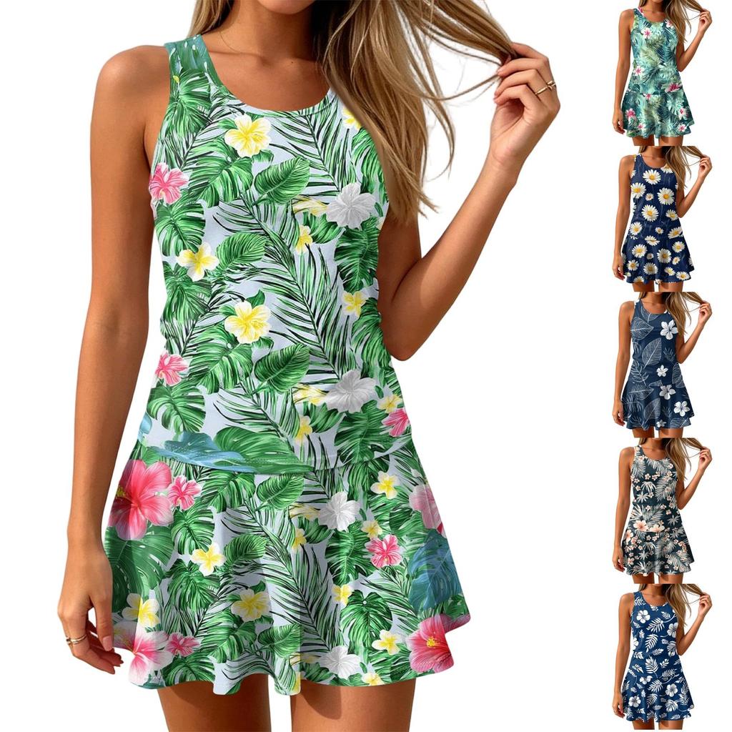 Women Sleeveless Casual Summer Dress Tank Style Tropical Print A Line Short Flowy Sundress Lightweight Soft Fabric