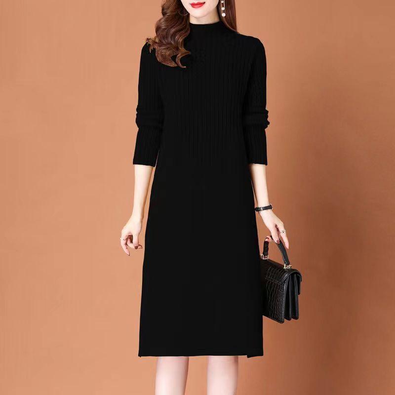 Womens Knit Midi Dress Winter Half Turtleneck A-Line Sweater Slim Fit Layering Under Coat