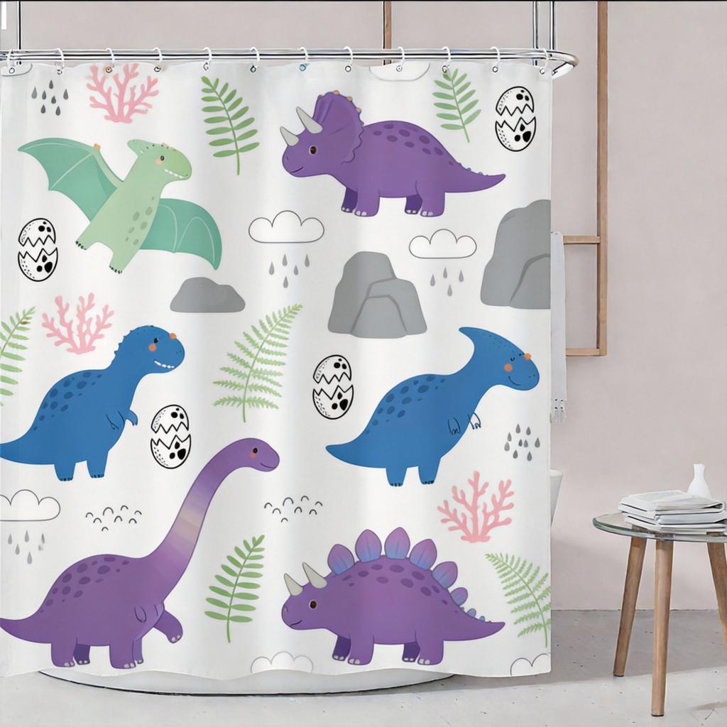 Cute Dinosaur Shower Curtain Green Cartoon Dinosaurs Print For Kids Bathroom Decor Polyester Bath Curtain With Hooks