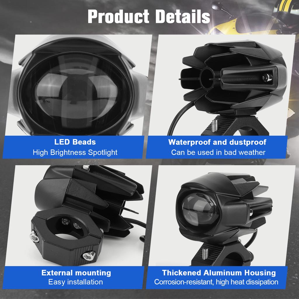 2Pcs LED Motorcycle Spot Light Waterproof Auxiliary Motorcycle Headlight with Mount Brackets Universal Fit for Motorcycles