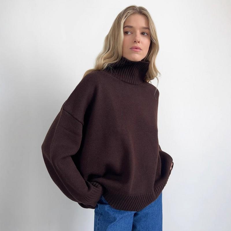 Womens Oversized High-Neck Knit Pullover Sweater Soft Thick Plain Color Casual Long Sleeve Top