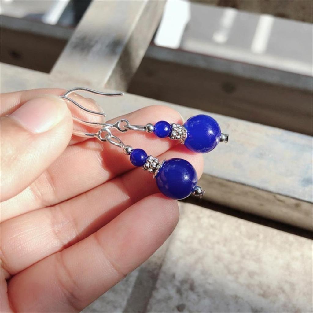 8-12mm Blue Lapis Lazuli Round Bead Pendant Earrings