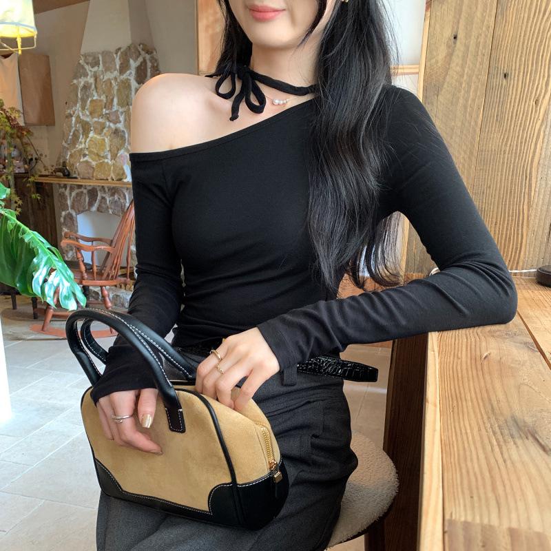 Petite Korean Halter Neck Off-Shoulder Long Sleeve Women's Shirt, Autumn Winter 2025 Collection