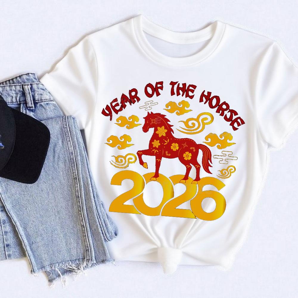 Women's Year of the Horse 2026 Short Sleeve T-Shirt Lunar New Year Chinese Sweatshirt Cotton Tshirt for Festive Occasions