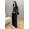 Black and white contrasting color splicing bottoming shirt women's spring waist pleated fake two-piece top half zipper long-sleeved T-shirt