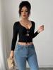 European and American tops, black big chicken heart collar, chest hollow, sexy solid color long-sleeved women's T-shirt