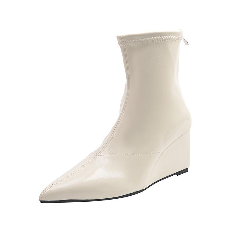 Dames Leren Puntige Teen Enkellaarzen Herfst Sleehak Hoge Hakken Effen Rits aan de Achterkant Korte Laarzen 40 beige