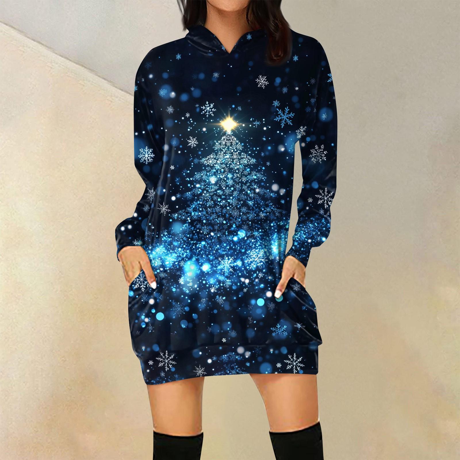 

Женская свободная повседневная толстовка с капюшоном и карманом с длинными рукавами с рождественским принтом, длинный топ M