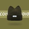 Korean Version New Cute Cat Ear Letter Patch Knitted Hat Women's Autumn and Winter Thickened Warm Versatile Simple Beanie Cap