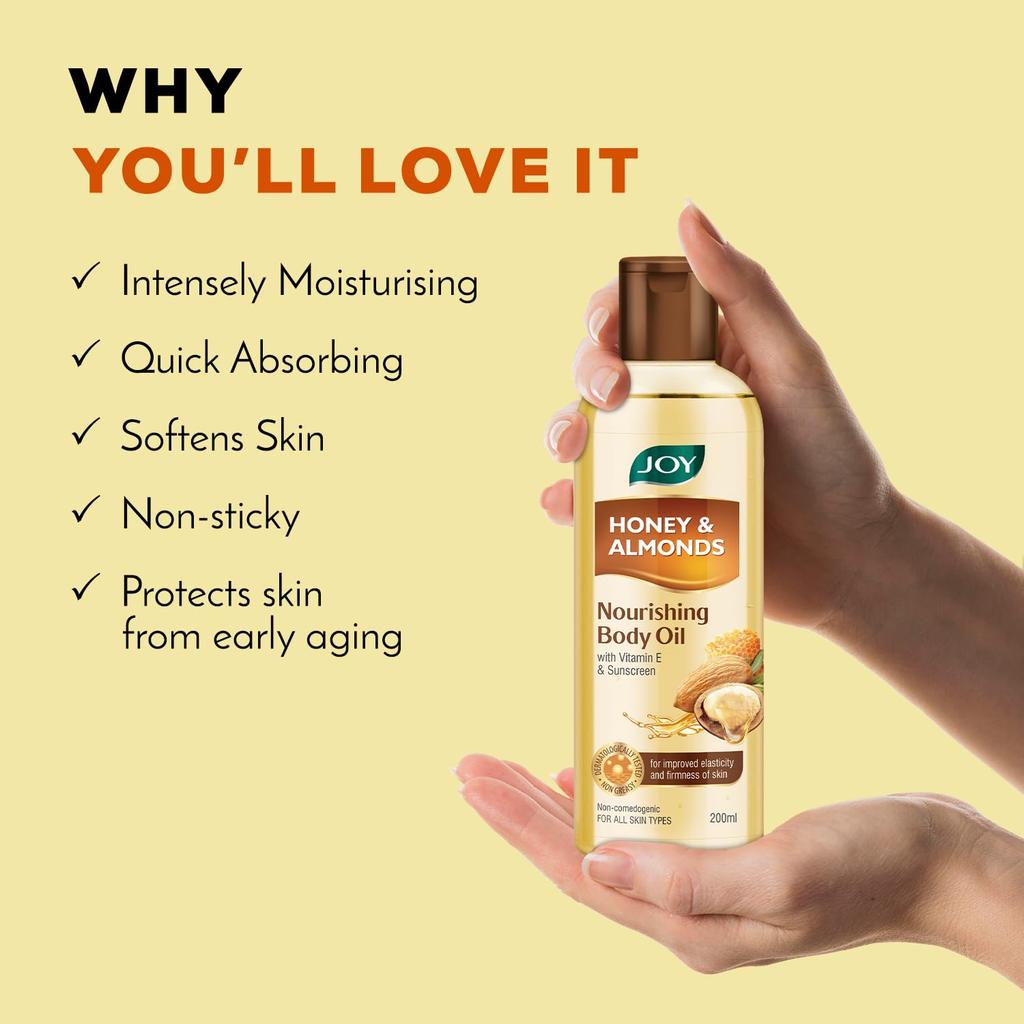 Joy Honey & Almonds Body Oil 200 ml Pack of 1 – Daily Massage Oil for Full-Body Moisture & Summer Skin Relaxation