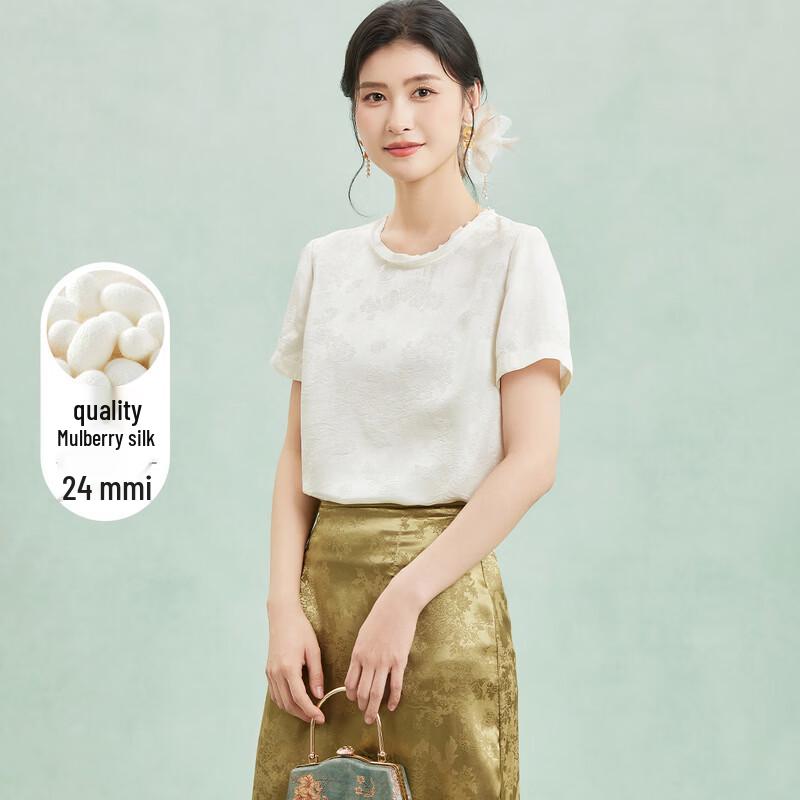 Chrysanthemum 24 Momme Silk Blend Floral Jacquard T-Shirt L