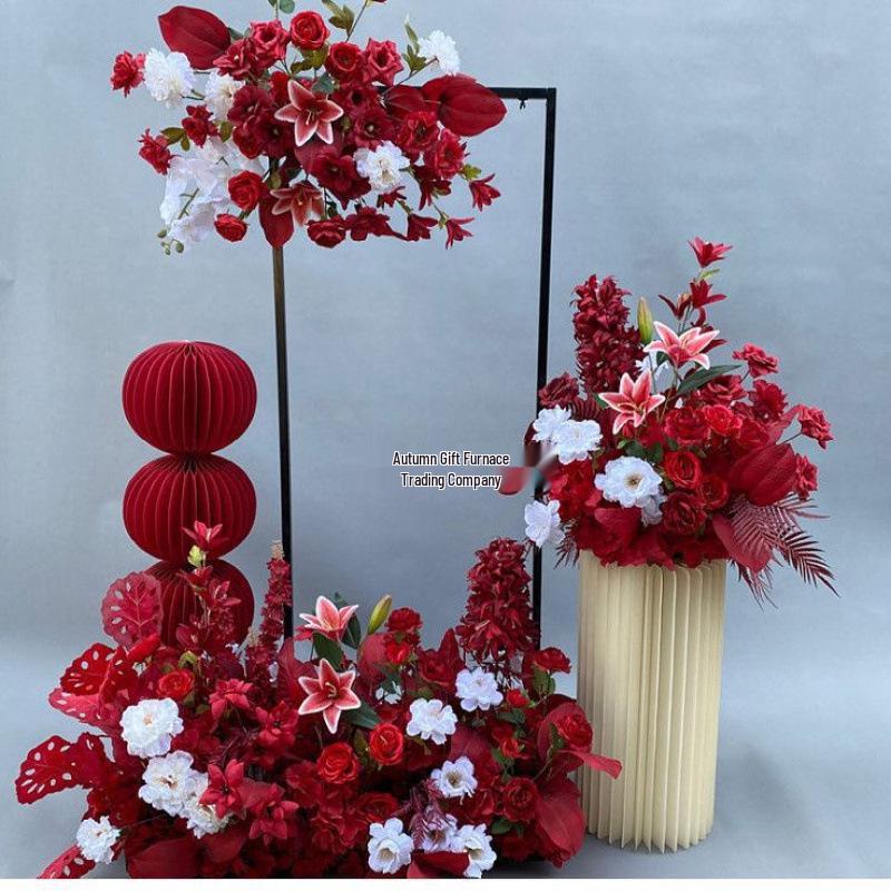 Red Chinese Engagement Wedding Floor Arrangement - Aisle and Stage Silk Flower Decoration