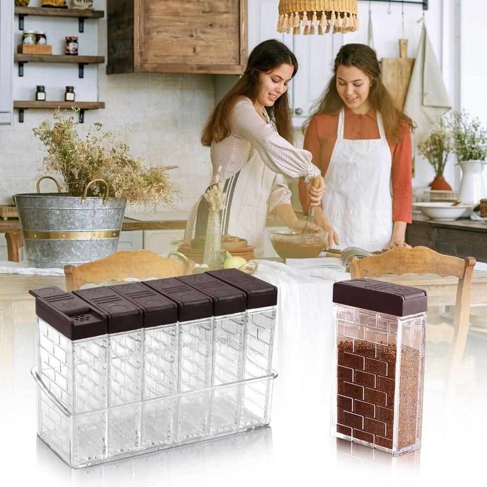 6Pcs/Set 6-in-1 Spices Container Set Plastic Double Opening Cover Seasoning Bottle with Tray with Lid Seasoning Storage Box BBQ