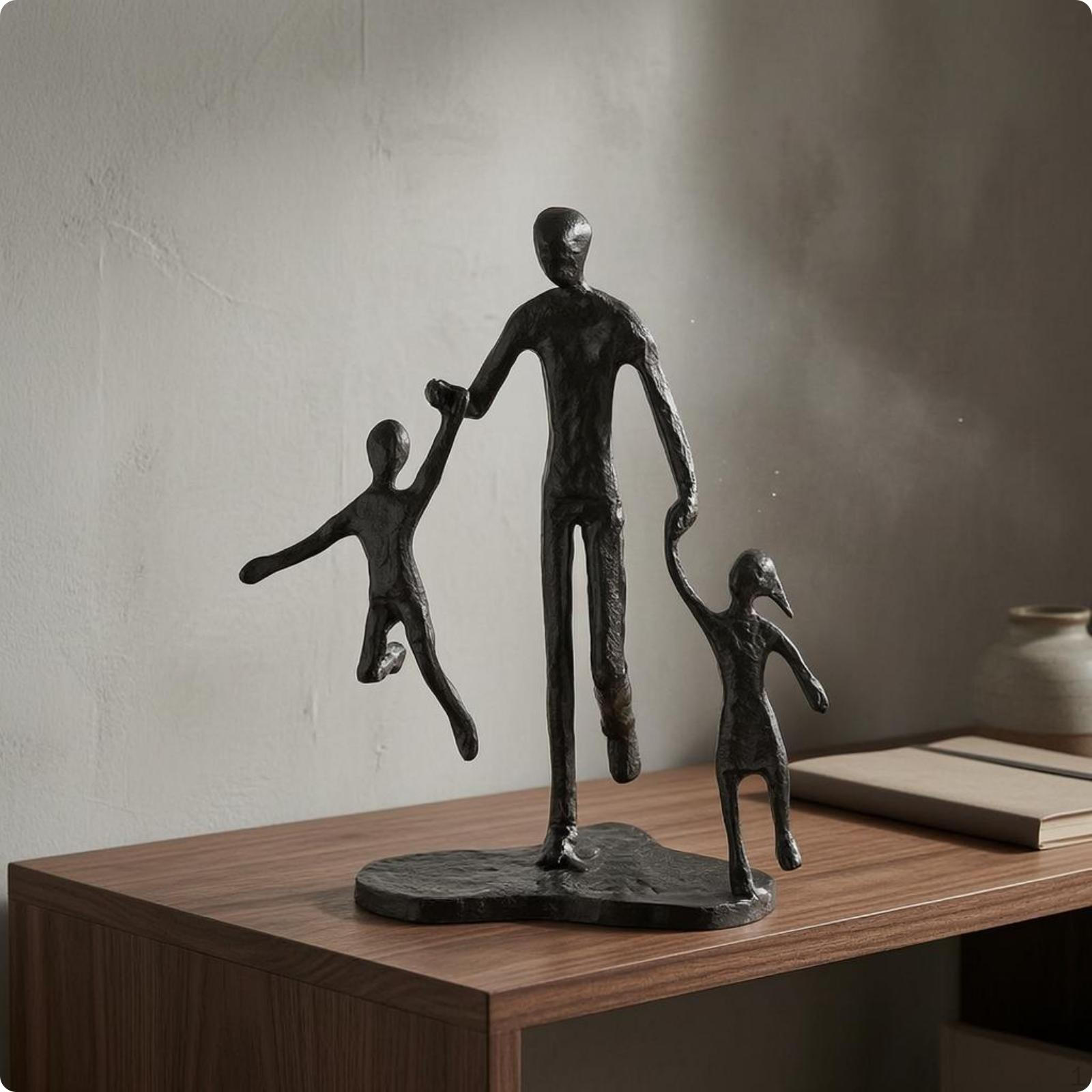 Abstract Family Sculpture Textured Surface Black Metal Figurine Elongated Cast Ornament