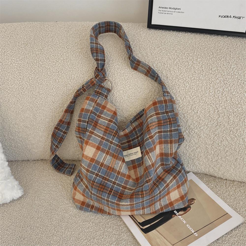 Trendy Checkered Wool And Canvas Shoulder Bag For Daily Casual Outfits