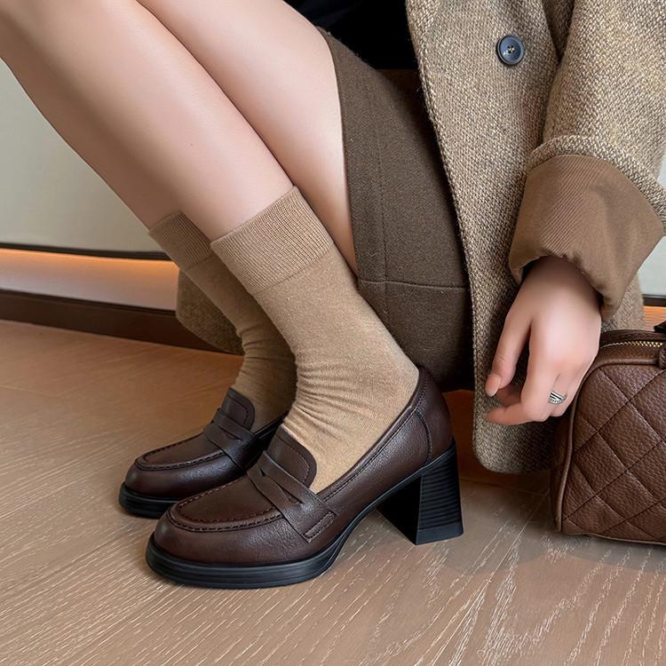 Heart melody~ Leather round head one-pedal loafers women's British style small leather shoes versatile thick high-heeled single shoes