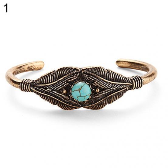 Retro Kvinnor Bead Leaf Feather Alloy Open End Cuff Armring Boho Etniska Smycken