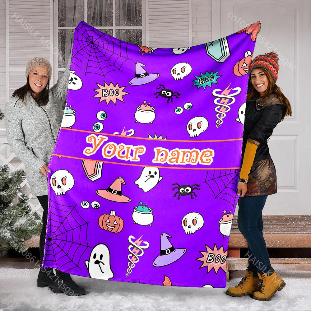 

Custom Name Blanket Halloween elements wizard hat ghost Printing Fluffy Soft Flannel for Home Sofa Travel RV Holiday Gift 75x90cm(30x35in)
