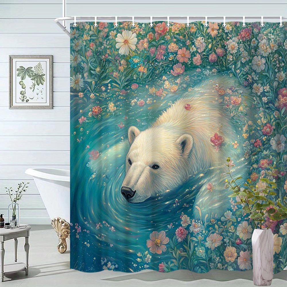 

1Pc Polar Bear And Floral Pattern Shower Curtain Creative Natural Scenery Bathroom Decoration Polyester Fabric Contains 12 Hooks W60H190(CM)-1 Pcs