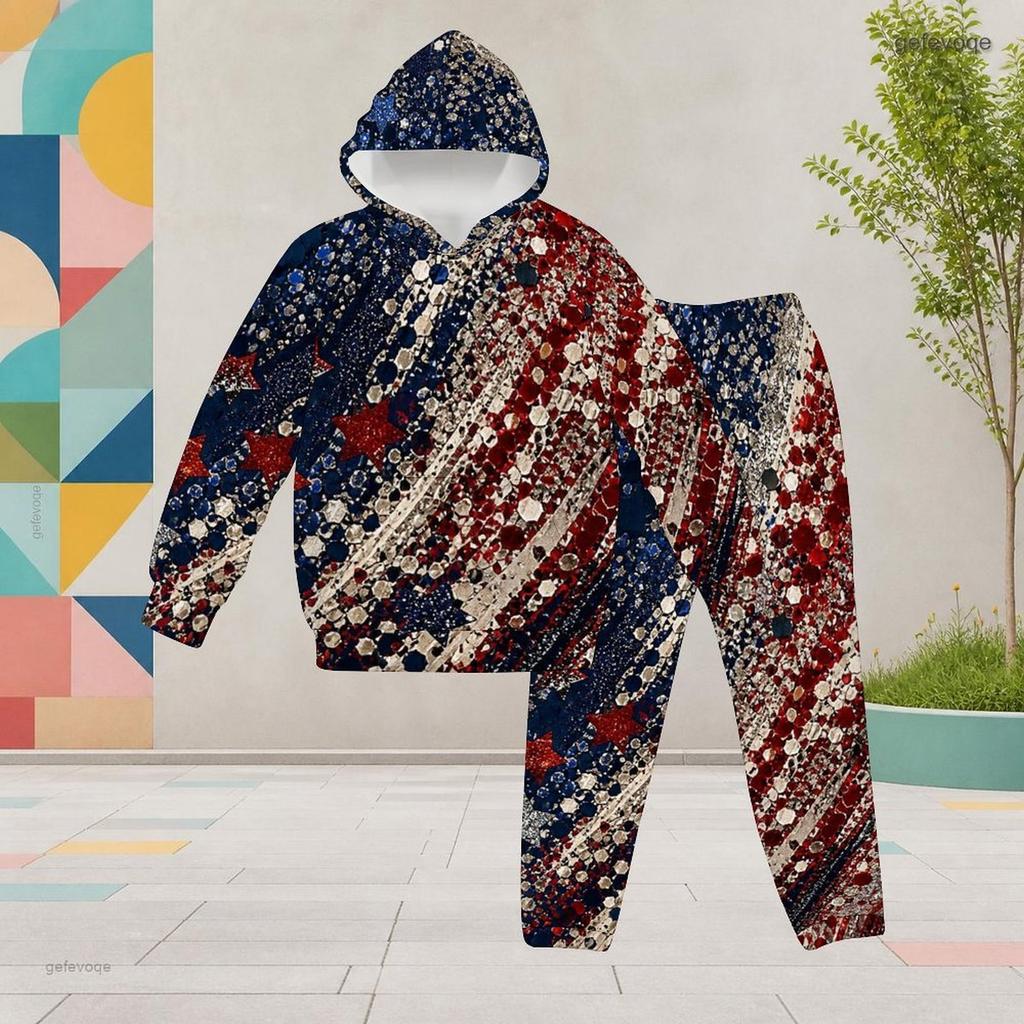 Girls Leaf Printed Hooded Tracksuit Long Sleeve Kangaroo Pocket Cuffed Pants Two Piece Set