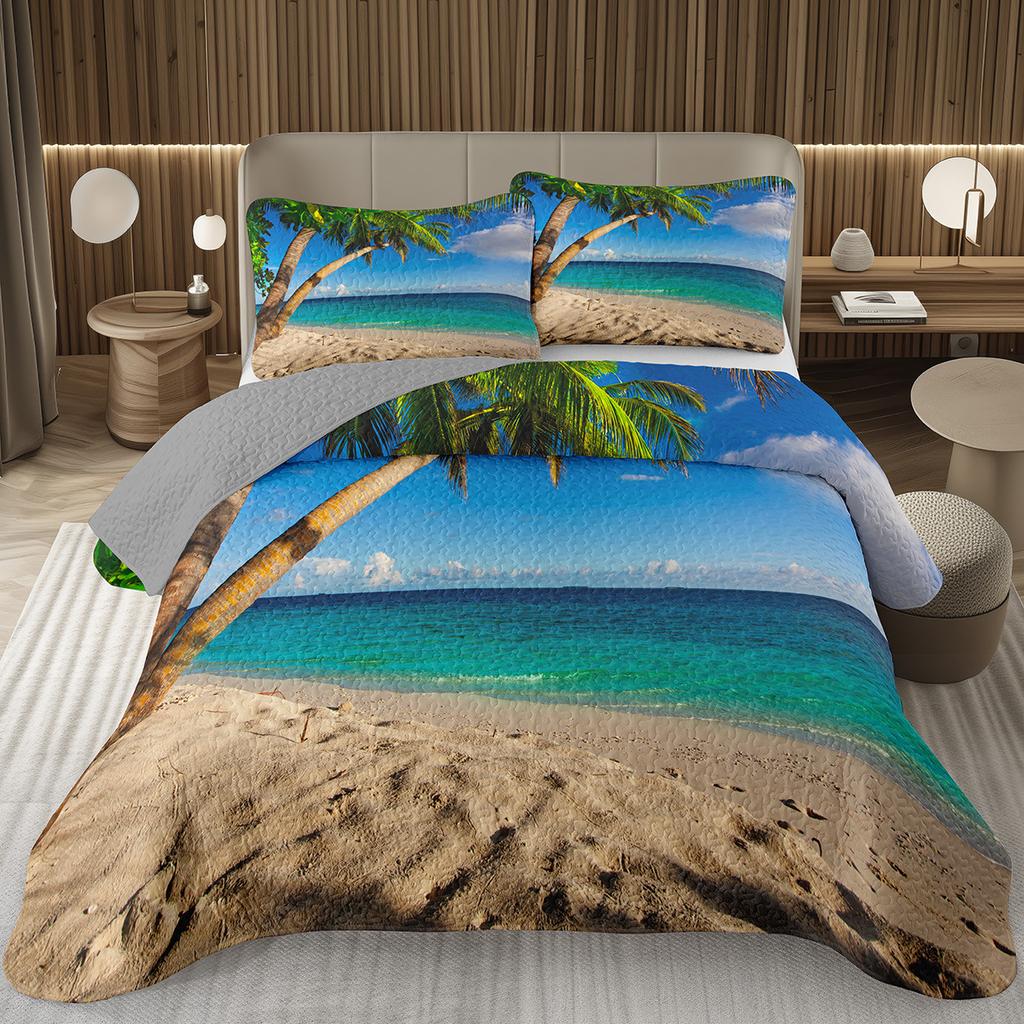 Beach Bedspread Tropical Palm Tree Coverlet SetSea Ocean Quilt Set Twin King Size Seaside Landscape Coastal Theme Bedding Sets