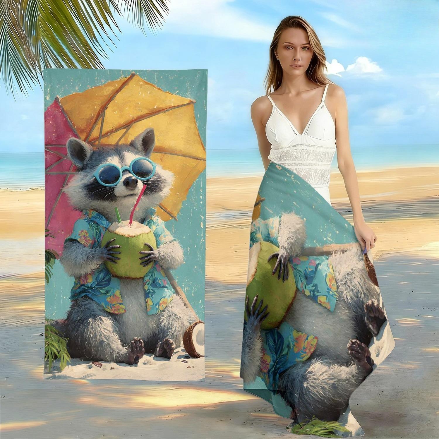 

Vibrant Tropical Raccoon Towel, Cool Raccoon in Hawaiian Shirt with Coconut Print Bath Towel, Eye-Catching Summer Essential W40*H60(CM)