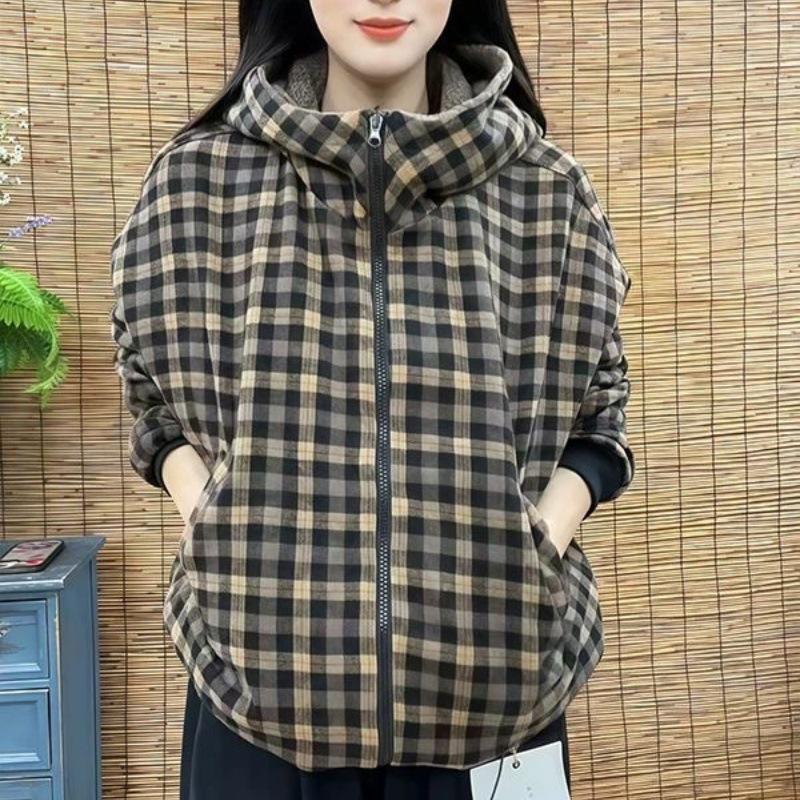 Cappotto di Cotone con Cappuccio e Stampa a Quadri Invernali 2025 con Velluto Plus - Giacca Casual, Elegante e Antietà per Donna