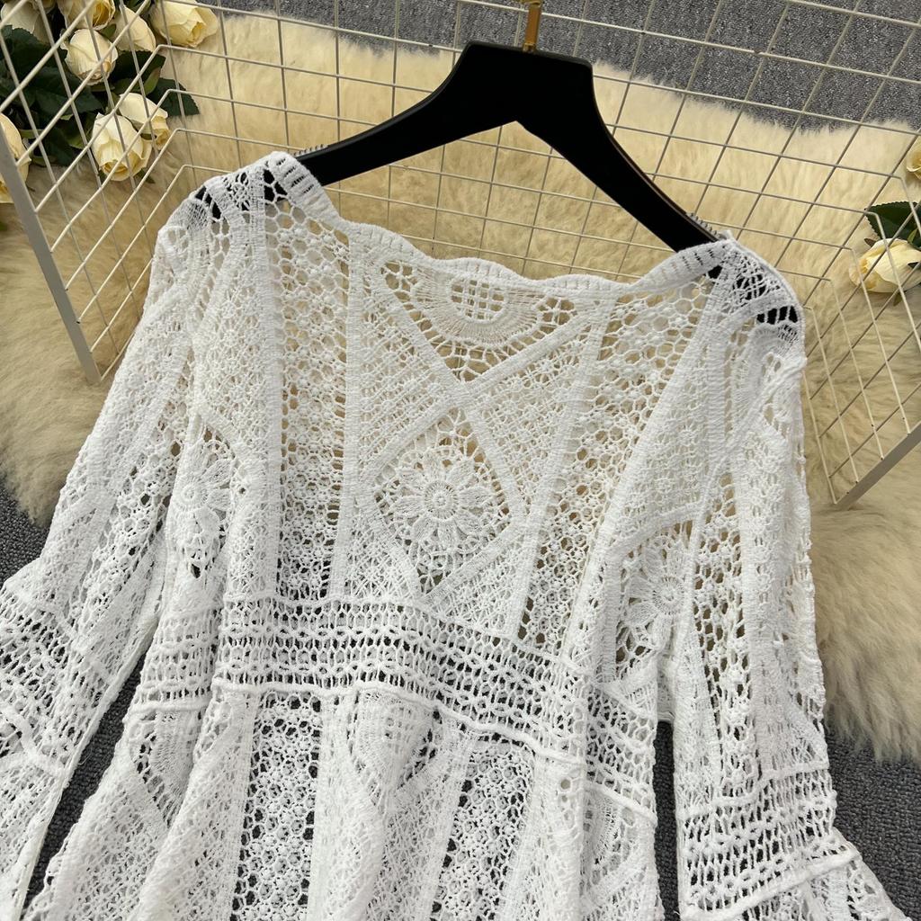 DIMANAF Neue 2025 Rock Anzug Frauen Stricken Strand Kurzarm Spitze Aushöhlen Sexy Oansatz Hohl Sommer Stil Tops Tees lose Grundlegende