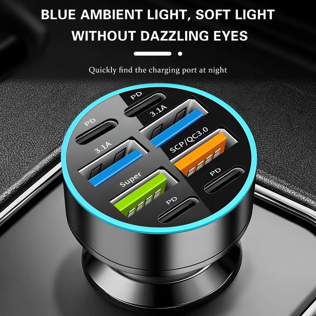 8-Port 66W Car Charger 12-24V with PD & QC 3.0, LED Voltmeter, Universal for Smartphones, Cigarette Lighter Plug, Auto Accessories