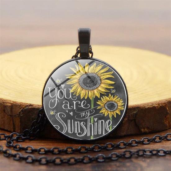 Vintage Sunflower You Are My Sunshine Cabochon Glass Chain Necklace Jewelry
