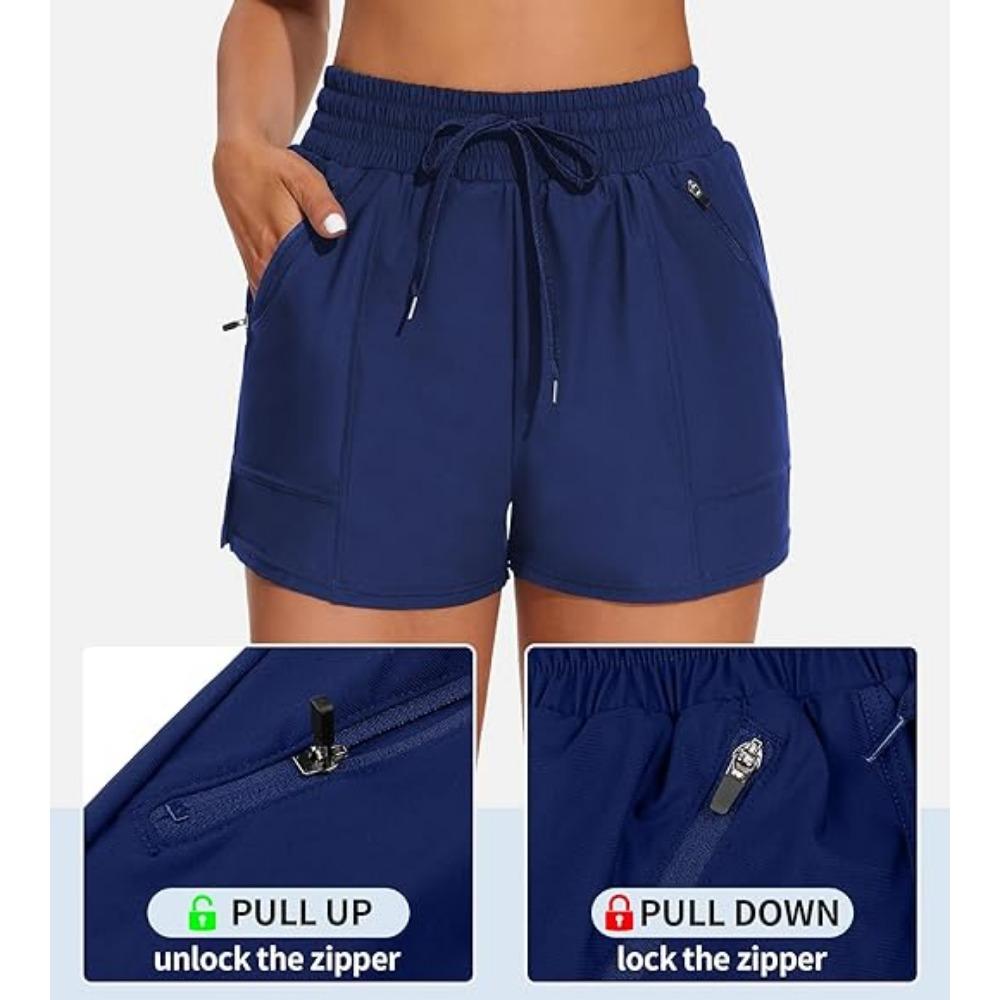 CHARMLEAKS Women's High Waisted Swim Shorts Drawstring Board Shorts with Zipper Pockets Liner