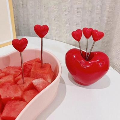 5/10Pcs Heart-Shaped Fruit Forks Set Dessert Cake Appetizer Picks with Love Holder Reusable Kitchen Utensils