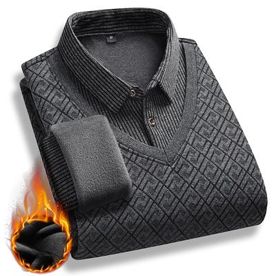 Jerséis Gruesos Cálidos de Invierno para Hombre Cuello Polo Falso de Dos Piezas Suéteres Moda Casual Rayados Forrados de Polar Prendas de Punto Jerséis