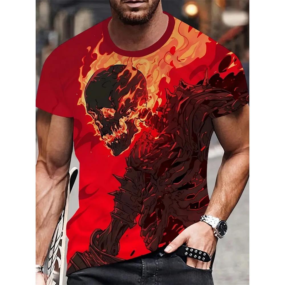 Men's 3D Horror Skull Print T Shirt Casual Comfortable Round Neck Short Sleeve Tee Pullover T-shirt Top Street Fashion Clothing
