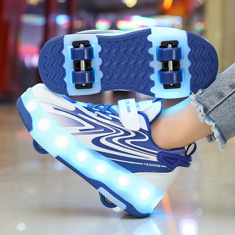 Kids Glowing Sneakers Rubbing Shoes Charging and Disassembling Four Wheels Slide Shoes LED Kids Glowing Sneakers