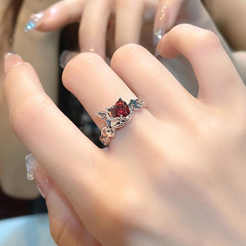 Niche Design Red Open Diamond-Set Zircon French Irregular Gemstone Ring Female Cold Wind Advanced Sense