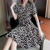 Women's A-line Floral Midi Dress - Summer V-Neck, Bell & Short Sleeves, Slim Waist